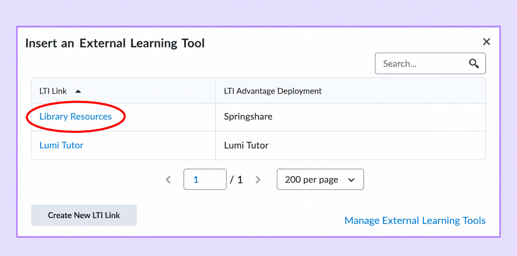 Library Resources link on Acadex