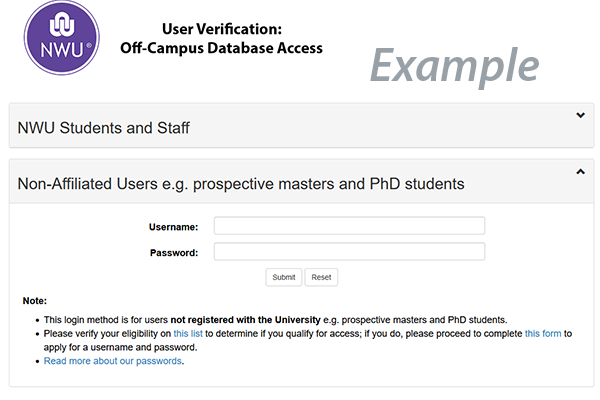 Example non-affiliated log in screen for databases